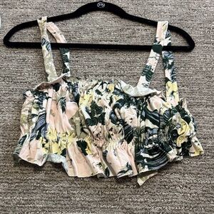 Pink Floral Ruffle Crop Top with Green and Yellow Print